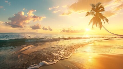 Island palm tree sea sand beach Panoramic beach landscape Inspire tropical beach seascape horizon Orange and golden sunset sky calmness tranquil relaxing summer mood Vacation travel ho : Generative AI