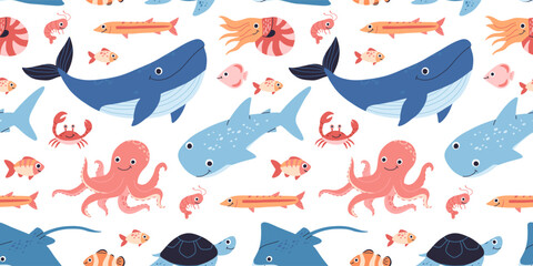 Fish and wild marine animals seamless pattern. Inhabitants of the sea world, cute, funny underwater creatures whale, shark, ocean crabs, sea turtle. Flat cartoon kids illustration © tanyabosyk