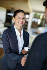 Business, woman and portrait with handshake for welcome greeting, hello and hiring for recruitment...