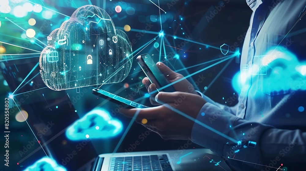 Fototapete Digital technology cloud computing concept Software engineer using mobile smart phone and laptop computer with global network connection Technology innovative and communication concept : Generative AI