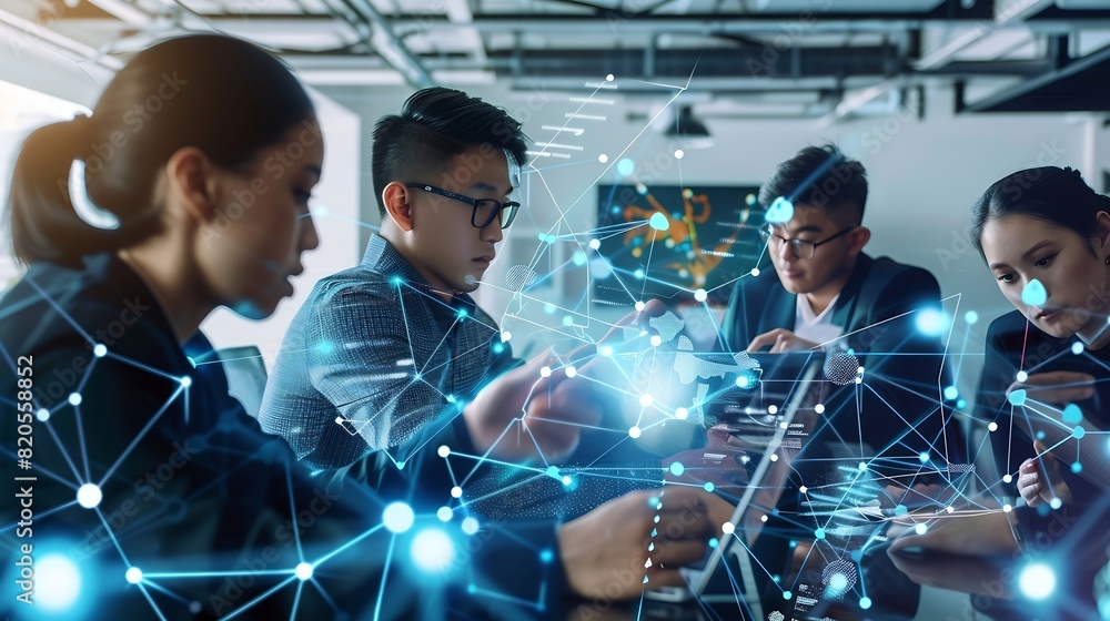 Poster Digital technology global business network connection data analysis social media marketing digital software development teamwork and business strategy internet technology concept : Generative AI