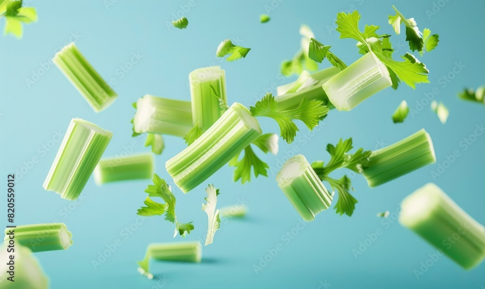 Wall mural a bunch of fresh, green, juicy, vibrant cut up celery flying against a blue background - Wall murals