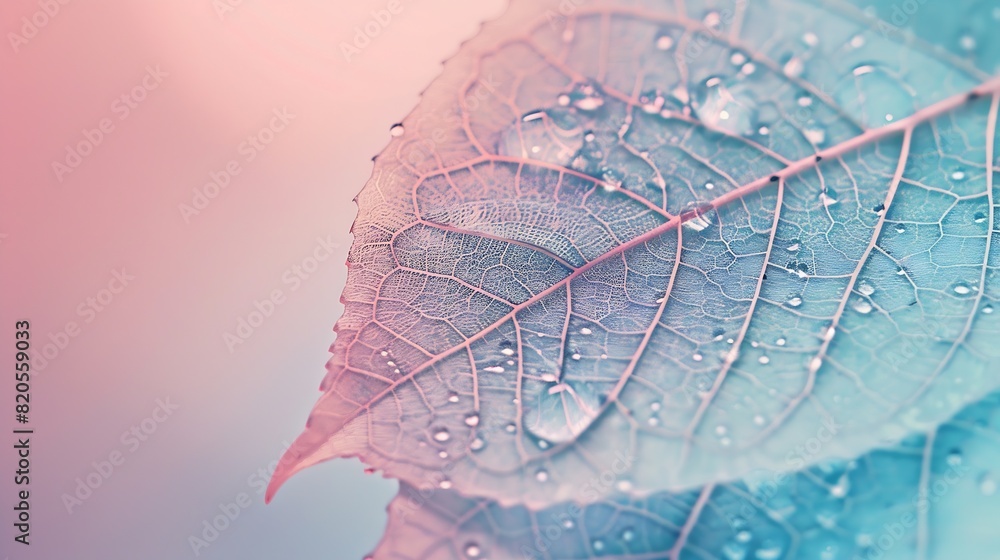 Aufkleber transparent skeleton leaf with beautiful texture on a blue and pink background glass with shiny wate