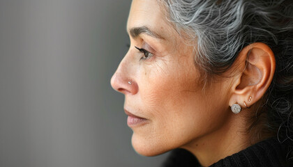 Fototapeta premium Closeup of a womans face with gray hair, earrings, and visible wrinkles