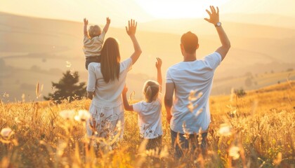 Fototapeta premium Family enjoying the sunlight in a grassy ecoregion, gesturing happily in nature