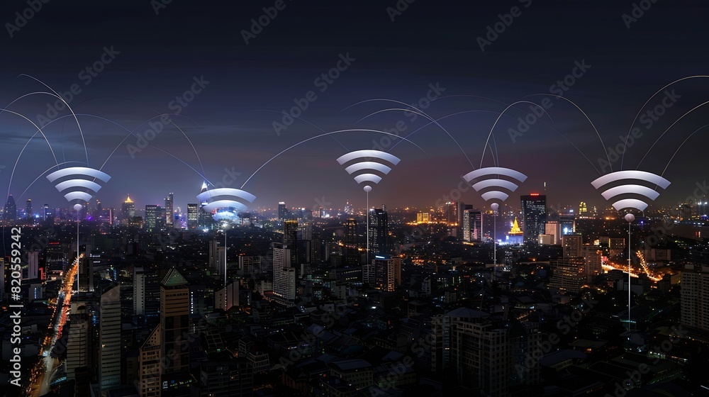 Poster modern city with wireless network connection and city scape conceptwireless network and connection t
