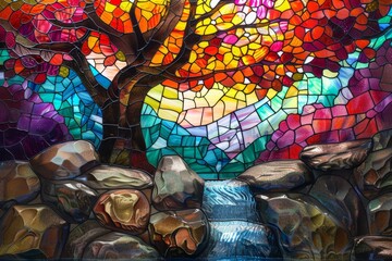 Naklejka premium stained glass window river with forest and sun
