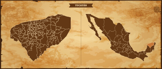 Yucatán state map, Mexico map with federal states in A vintage map based background, Political Mexico Map