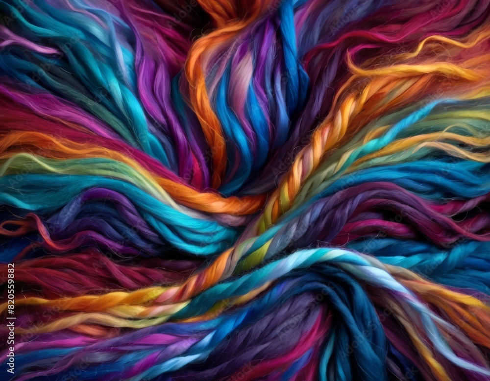 Poster a vibrant abstract image showcasing a tapestry of intertwined colors, with a rich texture resembling