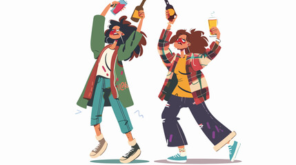 Pair of drunk girls dressed in messy clothes. Young w