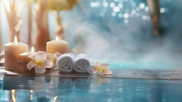 luxurious spa video background with candles, rolled towels, and flowers, serene atmosphere for relaxation and wellness, concept for spa retreats, beauty salons, wellness centers.