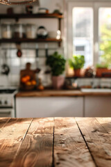 A desk top with blurred background of kitchen. Good for background
