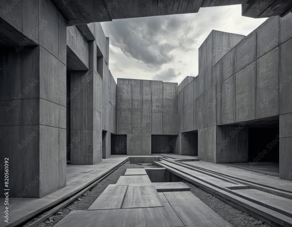 Poster a monochrome composition of minimalist concrete architecture, showcasing geometric shapes and the in