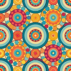 Fototapeta premium Seamless pattern of mosaic circles arranged in concentric layers, adding a touch of whimsy and playfulness to your gift wrap, Generative AI