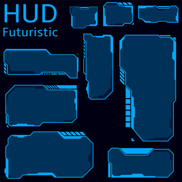 HUD futuristic display screen frames and info boxes, vector ui interface of sci fi game interface. Digital technology head up display interface hologram control panel and user menu window.