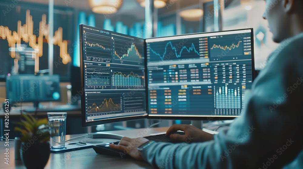 Fototapete An analyst uses a computer and dashboard for data business analysis and Data Management System with KPI and metrics connected to the database for technology finance operations sales ma : Generative AI