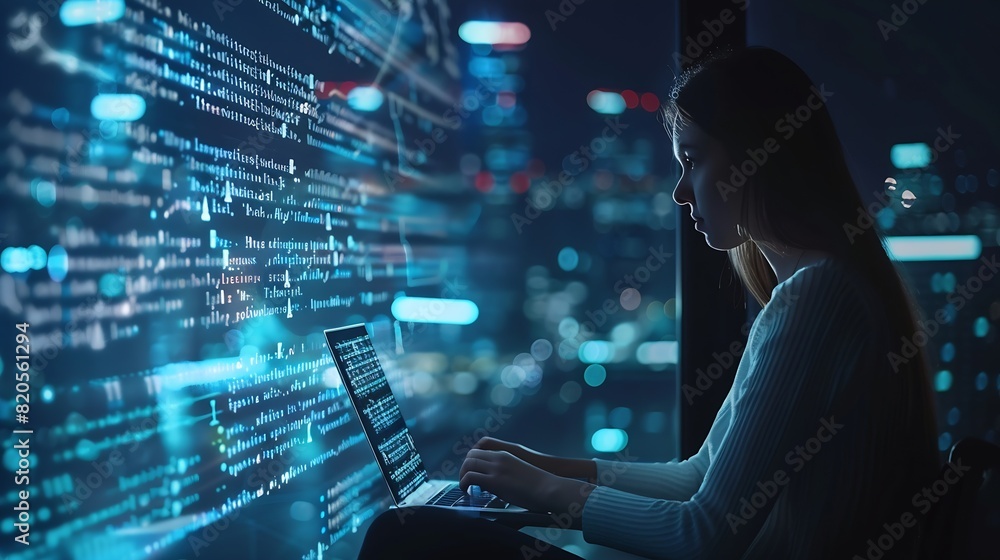 Leinwandbilder Computer code hologram and woman thinking of data analytics information technology or software overlay at night Laptop solution and IT people with algorithm statistics and cybersecurit : Generative AI