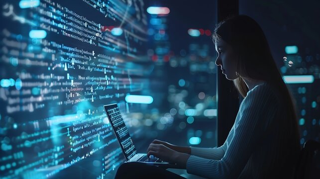Computer code hologram and woman thinking of data analytics information technology or software overlay at night Laptop solution and IT people with algorithm statistics and cybersecurit : Generative AI