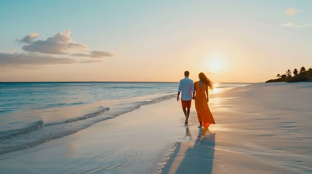 Lovely romantic couple walking on sunset beach enjoying evening light relaxing on tropical summer vacation Honeymoon Love Back view Woman wearing orange maxi dress : Generative AI