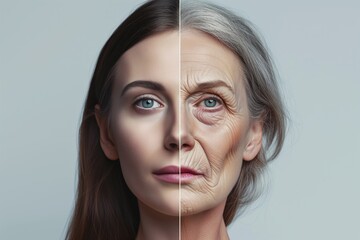 A contrast between old age and youth. Elderly and young. Time. Aging. Beauty treatment. Wrinkles. Aged woman. Skincare. Grey hair. Signs of agedness