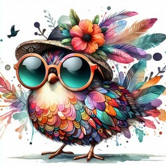Cartoon quail Bird: Abstract Watercolor Painting with Colorful Details and Sunglasses, Perfect for T-shirt Prints or High-Quality Wall Art.
