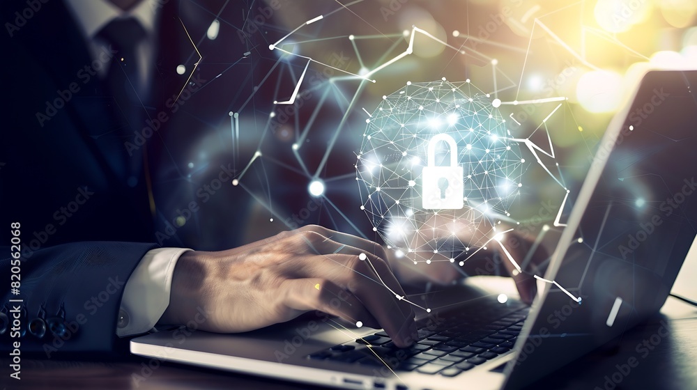 Aufkleber Cyber security network Data protection concept Businessman using laptop computer with digital padlock on internet technology networking with cloud computing and data management cyberse : Generative AI