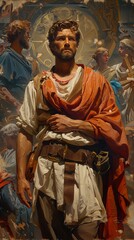 A traveler wearing a toga, surrounded by 2D depictions of Greek gods and goddesses