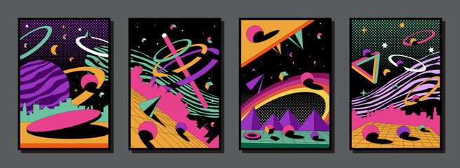 Psychedelic posters. Abstract retro background. 1980s space landscape with volcano explosion. Surreal sky. Cosmic infinity. Optical illusion. Geometric shapes. Vector graphic banners set © SpicyTruffel