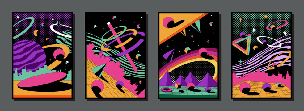 Psychedelic posters. Abstract retro background. 1980s space landscape with volcano explosion. Surreal sky. Cosmic infinity. Optical illusion. Geometric shapes. Vector graphic banners set