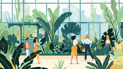 People in botanical garden greenhouses conservatory 