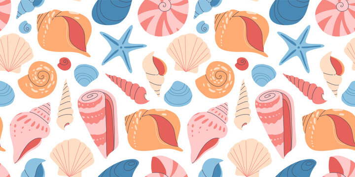 Sea shell seamless pattern. Ocean exotic underwater seashell conch aquatic mollusk, sea spiral snail collection. Tropical beach shells. Modern flat style isolated on white background.