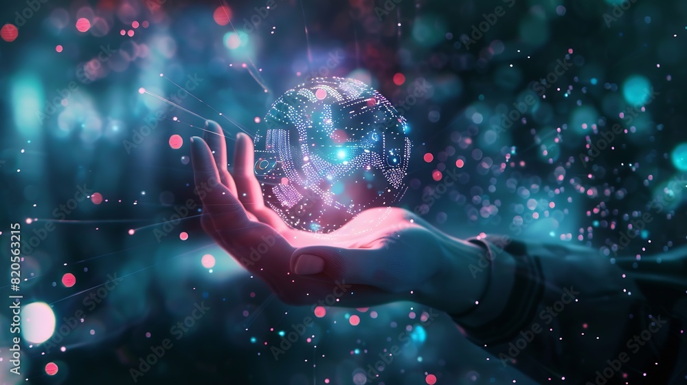 Poster Metaverse and Blockchain Technology Concepts Person with an Experiences of Metaverse Virtual World via Smart Phone Futuristic Tone Hand Levitating Mobile Phone : Generative AI