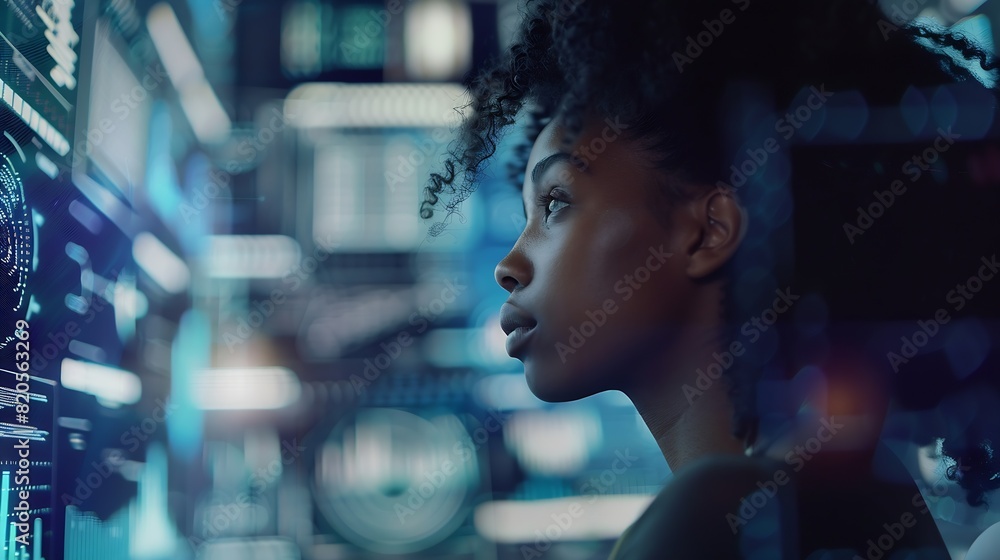 Aufkleber black woman working in office and futuristic graphical user interface concept ict information commun