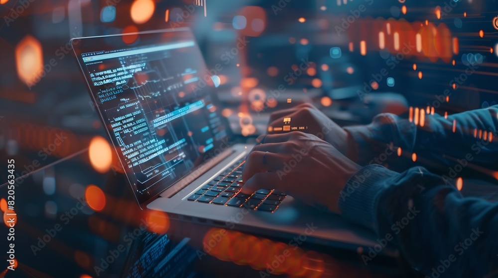 Poster Digital technology software development concept Coding programmer software engineer working on laptop with circuit board and javascript on virtual screen internet of things IoT : Generative AI