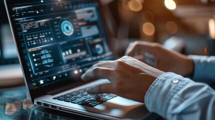 Digital technology concept Man programmer working on laptop for big data management computer code on futuristic virtual interface screen data mining digital software development data s : Generative AI