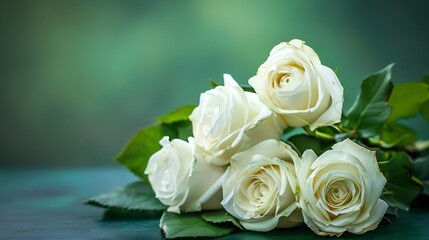 beautiful bouquet of bright white rose flowers on table with green background : Generative AI