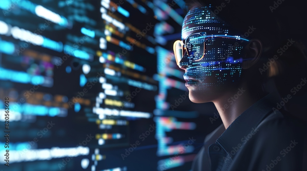 Leinwandbilder Software coding hologram and woman on tablet thinking of data analytics digital technology and night overlay Programmer or IT person in glasses on 3d screen programming and cybersecuri : Generative AI