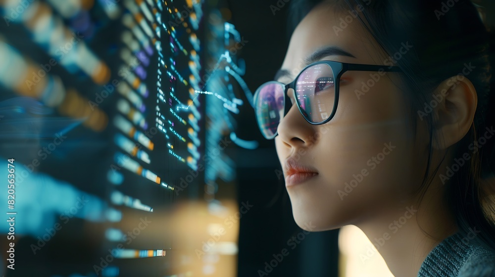 Leinwandbilder Portrait of Asian Female Startup Digital Entrepreneur Working on Computer Line of Code Projected on Her Face and Reflecting Software Developer Working on Innovative eCommerce App using : Generative AI