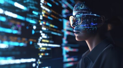Software coding hologram and woman on tablet thinking of data analytics digital technology and night overlay Programmer or IT person in glasses on 3d screen programming and cybersecuri : Generative AI