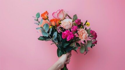 Real Human Hand Holding Beautiful Fresh Bouquet Of Flowers For Bride Or Occasion On Pink Background Colorful Mixed Roses Carnation Shabot Green Leaves Gerber Horizontal Plane Copy Spac : Generative AI