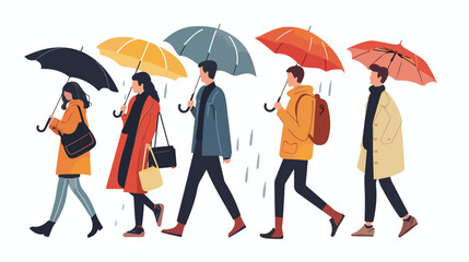 People walking with umbrellas in rainy weather. Men 