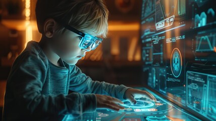 A child using futuristic technology - augmented reality, to study and learn in school. Edtech technology, communication technology, and science technology concept.