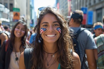 Fototapeta premium young woman with an American flag painted on her face. american independence day. the symbol of the united states