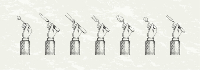 Obraz premium Vintage cutlery. Hand hold food fork, spoon and knife. Restaurant plate serving. Dining silverware. Old Victorian sketch. Teaspoon in fingers. Lunch eating. Vector drawing tableware set