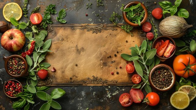 Elegant Doodle of a Luxurious Menu Surrounded by Fresh Herbs, Ideal for Traditional Dining Poster Design - Powered by Adobe