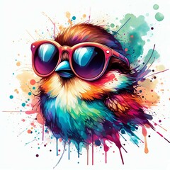 Cartoon Sparrow Bird: Abstract Watercolor Painting with Colorful Details and Sunglasses, Perfect for T-shirt Prints or High-Quality Wall Art.

