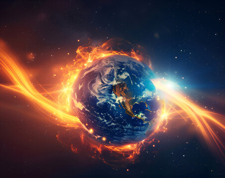 Space planet earth with energy waves around and light peeking out. Universe science astronomy space dark background wallpaper
