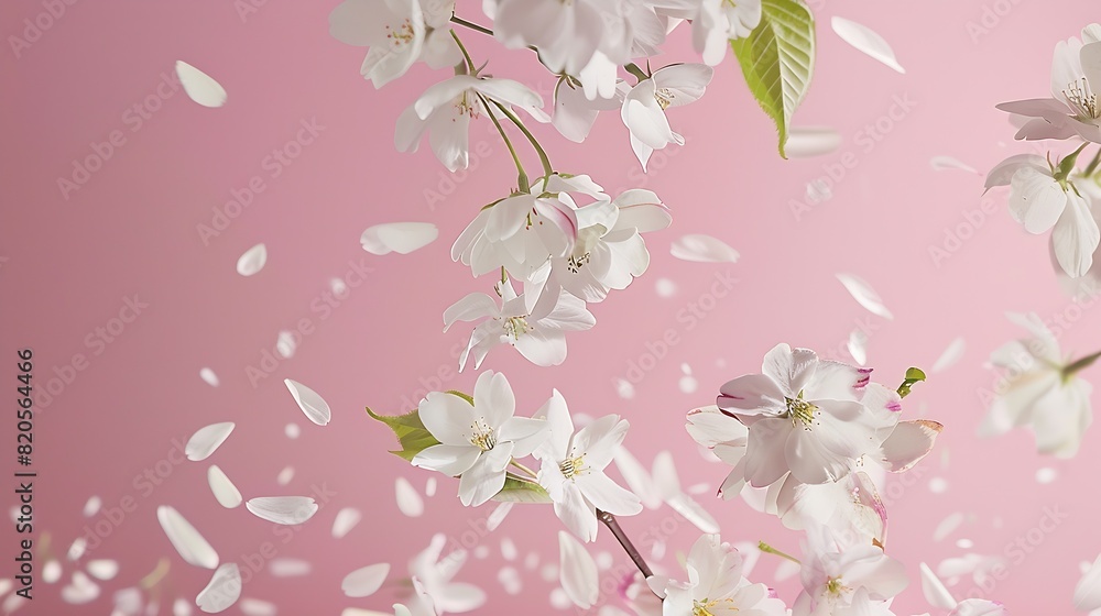 Poster a beautiful image of spring white cherry flowers flying in the air on the pastel pink background lev