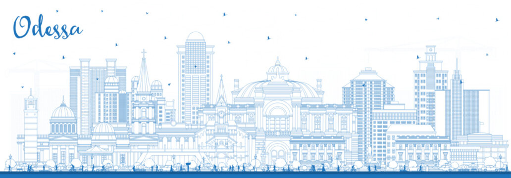 Outline Odessa city skyline with blue buildings. Odesa cityscape with landmarks. Business travel and tourism concept with modern and historic architecture.
