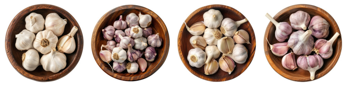 Garlic, wooden bowl, top view, PNG set, isolated